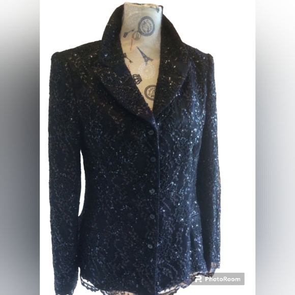 VINTAGE BADGLEY MISCHKA BLACK LACE AND RHINESTONE JACKET SIZE 8 - Picture 2 of 11